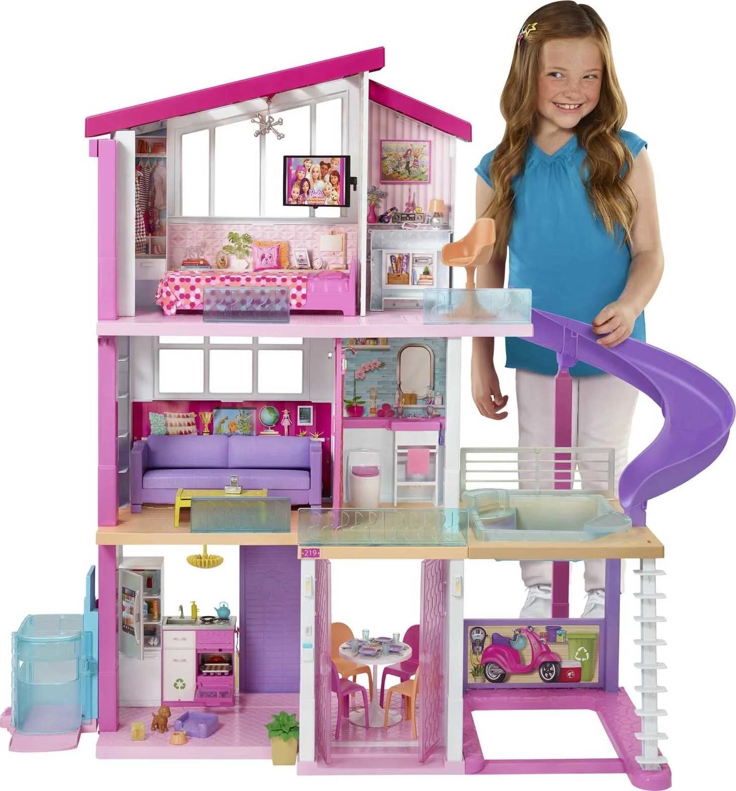 451C52C4-1A0D-C69E-C207-27F326F74F92 Barbie DreamHouse Dollhouse with 70+ Accessories, Working Elevator, Lights & Sounds - Image 1